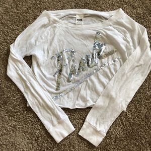 PINK White Long Sleeve Crop Shirt- Size S